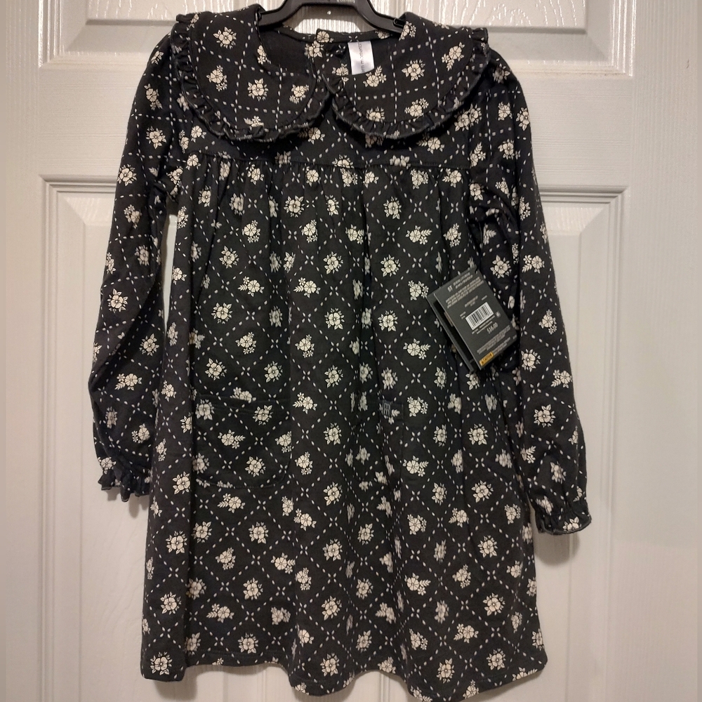 Girls' Black Floral Peter Pan Collar Dress - Picture 1 of 3